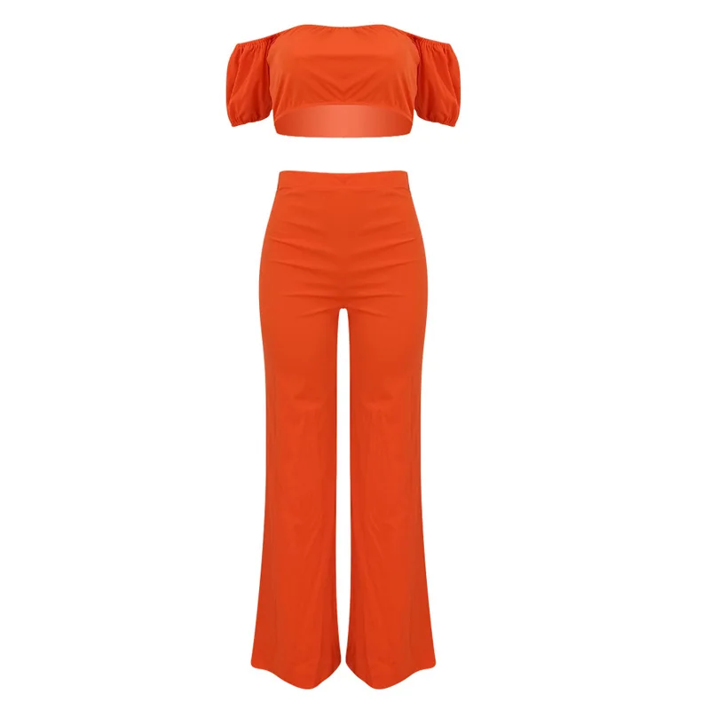 

Casual Women 2 Piece Set Orange Off Shoulder Crop Top and Wide Leg Long Pants Set Boho Beach Set Outfits