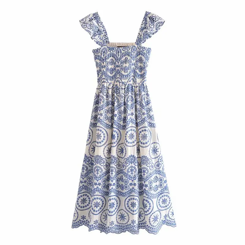 

Women'S Summer Sundresses Blue Embroidery Floral Maxi Dress Boho Backless Dresses For Women 2021 Casual Strappy Long Dress