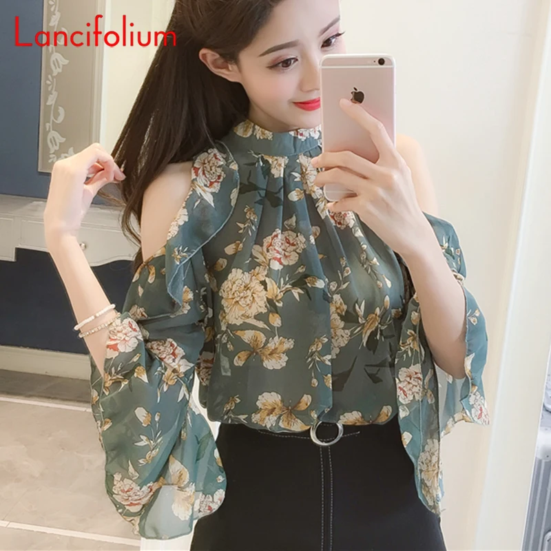 Floral Ruffle Short Sleeve Chiffon Blouse Women Summer Vintage Sexy cold Shoulder Pink Shirt Ladies Elegant Korean Top 2020