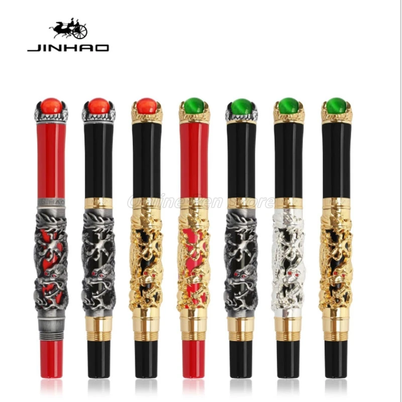 Jinhao блестящая перьевая ручка с изображением древнего дракона Короля жемчуга резьба тиснение Средний наконечник металлический корпус перьевая ручка офисные и школьные принадлежности
