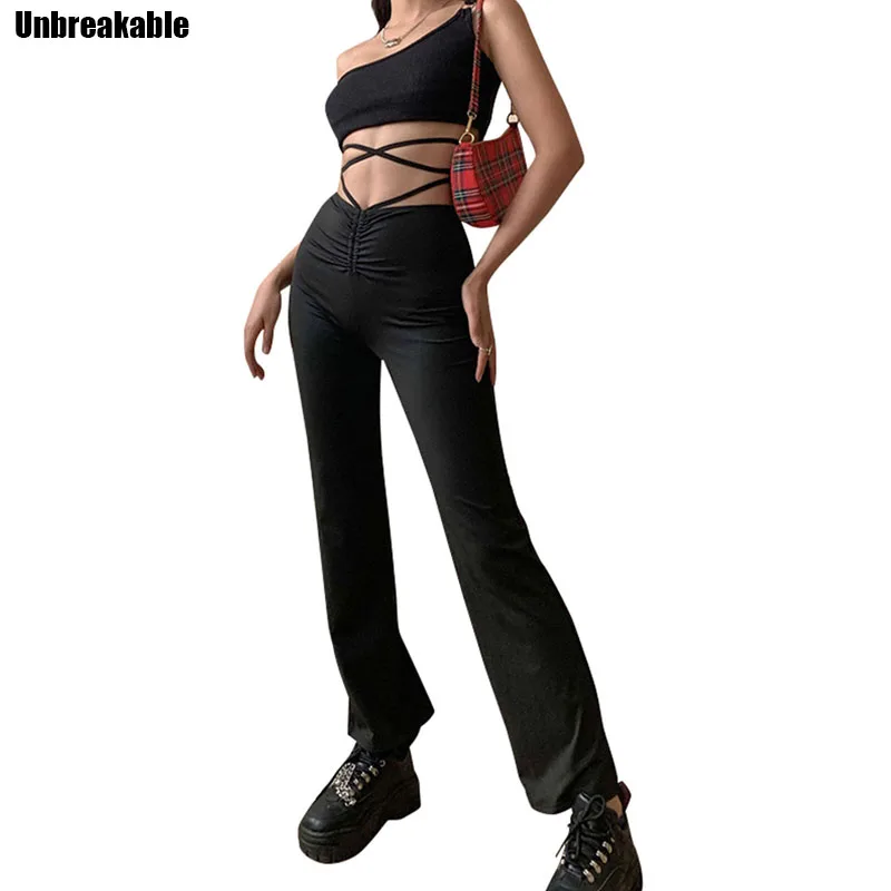 

Активности брюки Kpop для улицы и досуга брюки для вечеринок в стиле Харадзюку Высокая Талия Hin, Тонкие повязки прямые брюки для девочек женск...