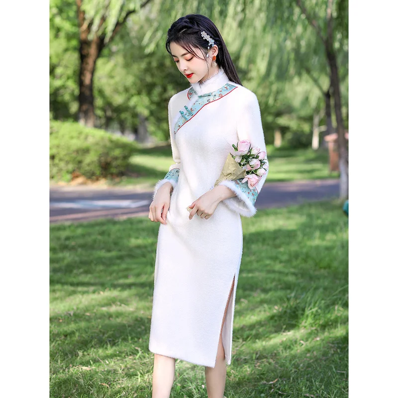 Autumn Style Cheongsam Improved High-end Young Style Fur Collar Daily Elegant Modern Women's White Banquet Cheongsam Dress