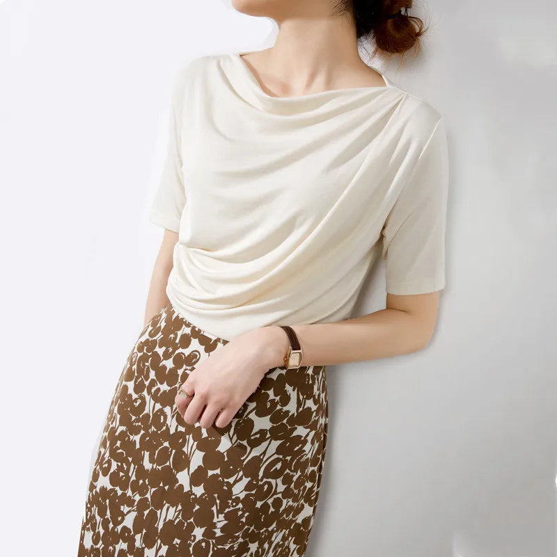 

Женская футболка из модала и хлопка, облегающая Асимметричная плиссированная футболка с вырезом-лодочкой, элегантный базовый топ, Новинка лета и осени 2022