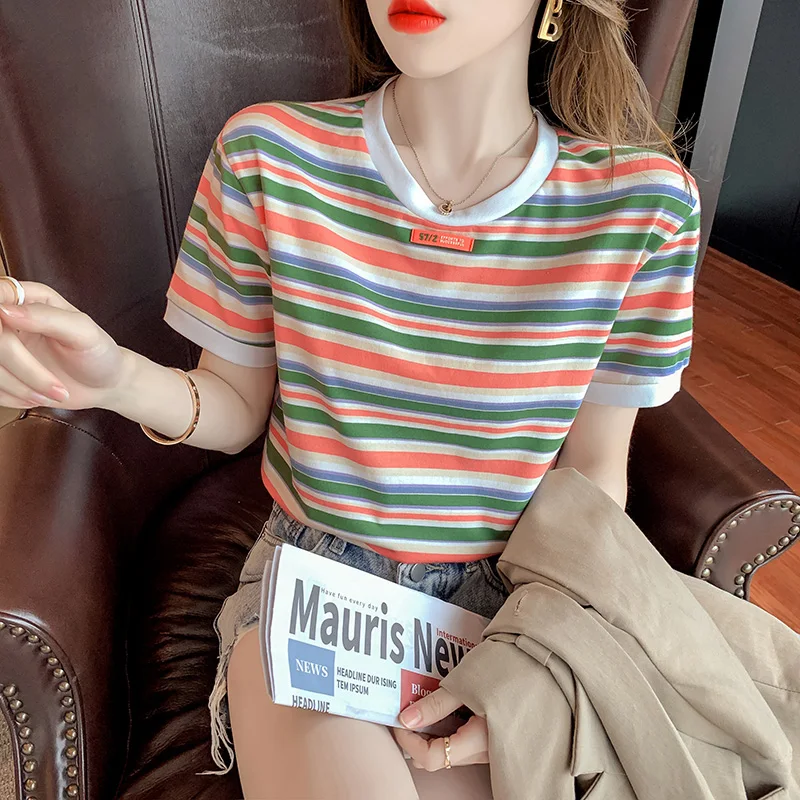 

2021 Summer Women's T-Shirt Short Sleeves O Neck Stripe Short Style Tees Girls Pullover Casual Tops A3291