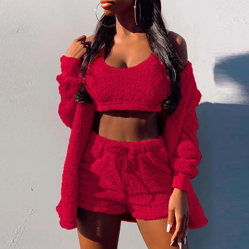 

Элегантный костюм из кораллового флиса с шортами, флисовый повседневный костюм-тройка, Женская пижама, топ, шорты, куртка, комплект из трех п...