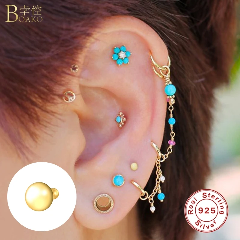 

Boako S925 Sterling Silver Stud Earrings INS Square Round Spiral Perforated Cartilage Earring For Women Jewelry pendientes mujer