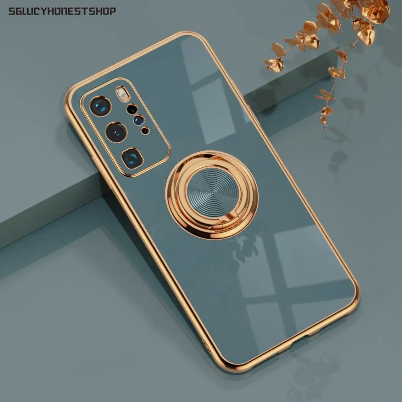 

Luxury Plating Silicone Case For Huawei P40 P30 P20 Pro Mate 40 30 20 Honor 30 30s Nova 7SE 7i Soft With Ring Holder Stand Cover