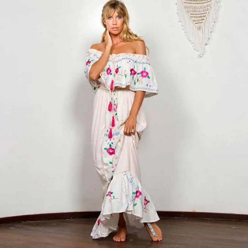 BOHO INSPIRED white Embroidered dess women Ruffle boho Dress off shoulder lace trim holiday summer dress elastic long | Женская одежда