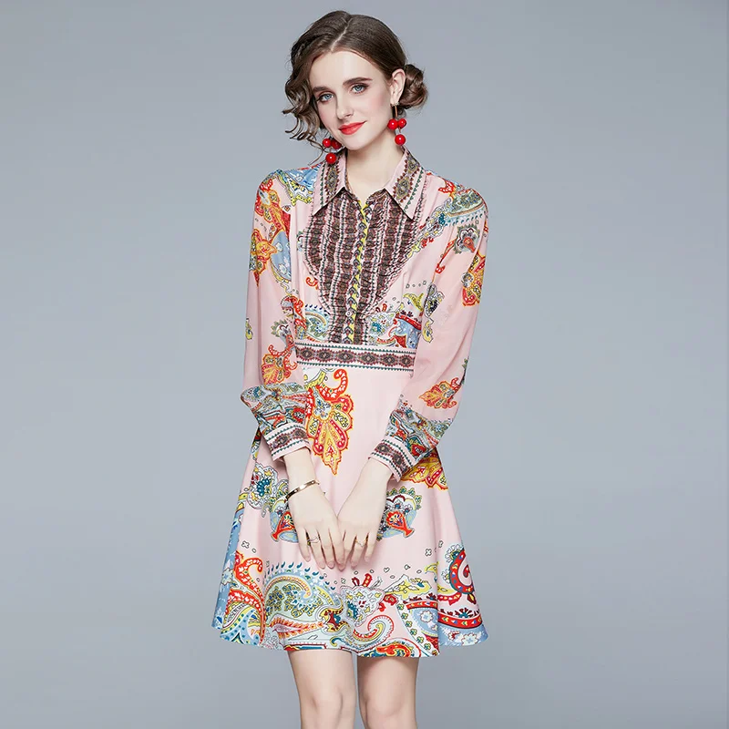 

JSXDHK модное женское цветное платье-рубашка с цветочным принтом, новинка 2020, Осеннее однобортное женское мини-платье розового цвета с длинным...