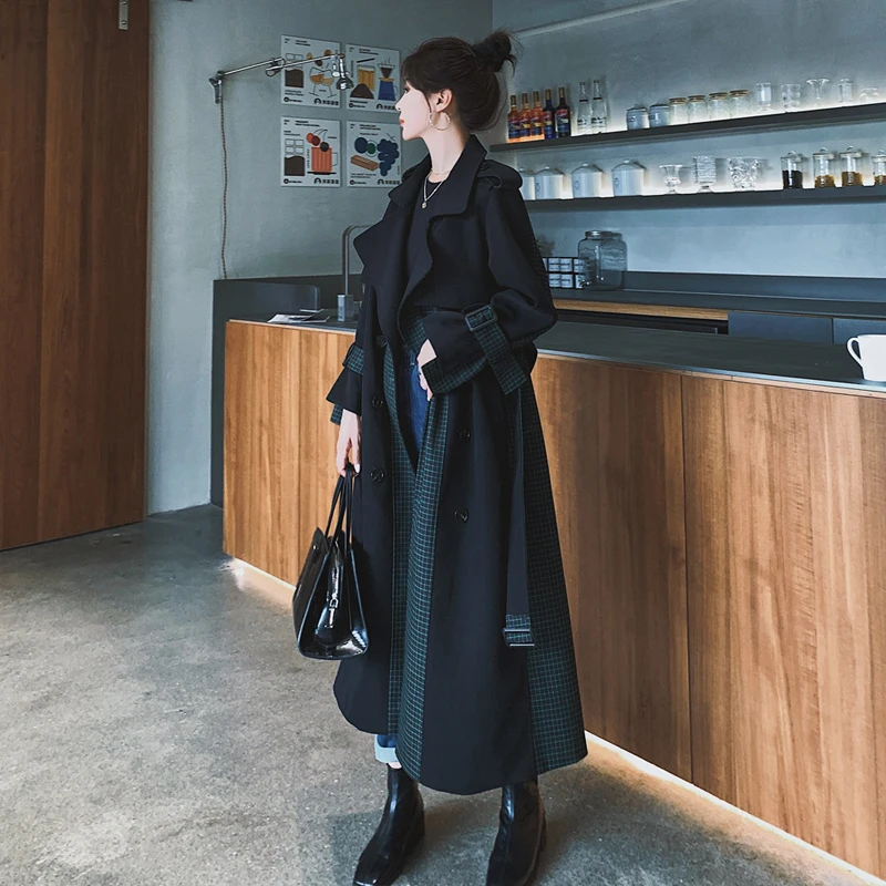 

Korean Style Black Plaid Patchwork Trench Coat Double-Breasted Long Lady Windbreaker Spring Autumn Outerwear Female CLothes