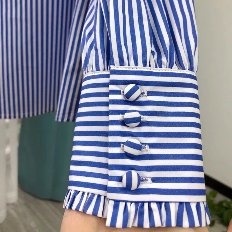 

Autumn Spring and New Leisure All-match Long-sleeved Single-breasted Big Doll Collar Striped Shirt Women