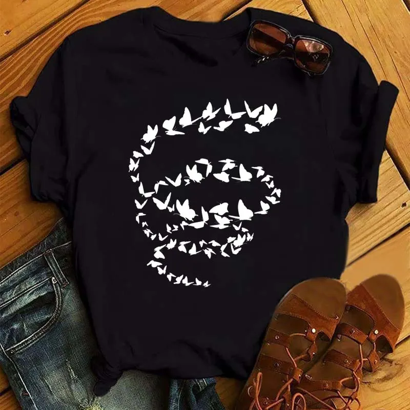 

Новые женские футболки с принтом бабочки, модная женская футболка с круглым вырезом, белая футболка в стиле Харадзюку, одежда в Корейском ст...