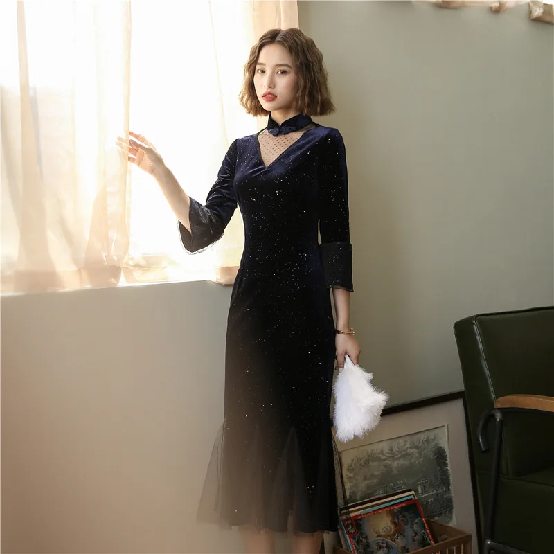 Винтажная Китайская одежда женское бархатное вечернее платье Ципао для