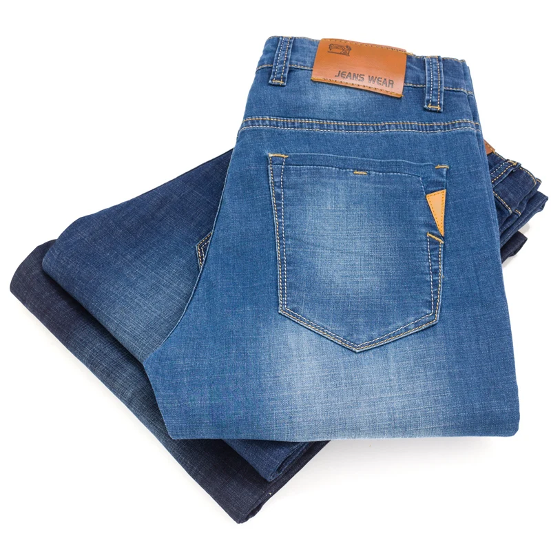 

Brother Wang Classic Style Men Brand Jeans Business Casual Stretch Slim Denim Pants Light Blue Black Trousers Male