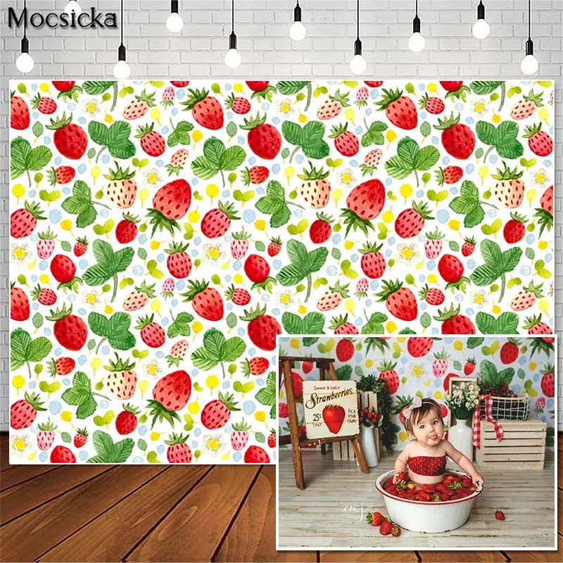 

Фон для фотосъемки детей на 1-й день рождения, с изображением фруктов клубники