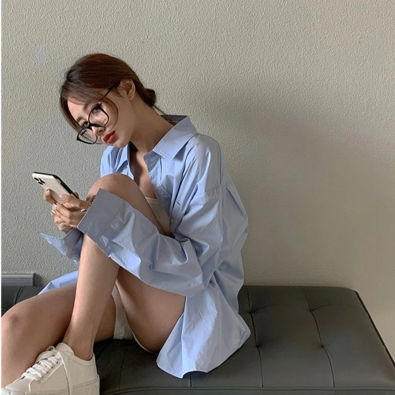 Голубая рубашка с длинным рукавом в гонконгском ретро стиле женская Свободная