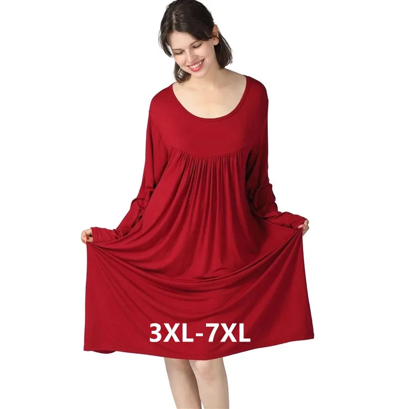 3XL-7XL Women's Nightshirt Loose Night Dress Modal Cotton Home Clothes Spring Autumn Long Sleeve Sleepwear Nightgowns 100Kg Wear