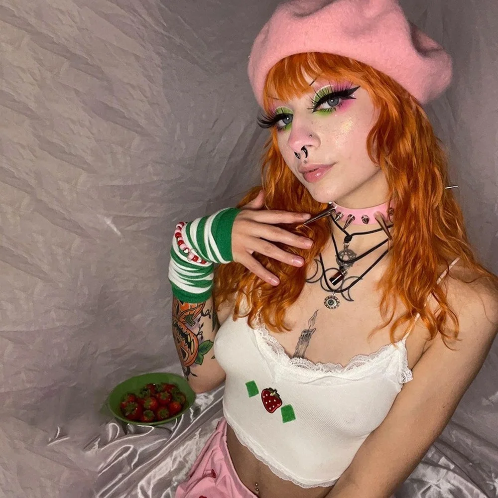 

2022 Y2K Crop Top Lace Trim V Neck Sexy Vest Tops Women Cute Print Kawaii Camisole Sleeveless Slim Aesthetic White Tank