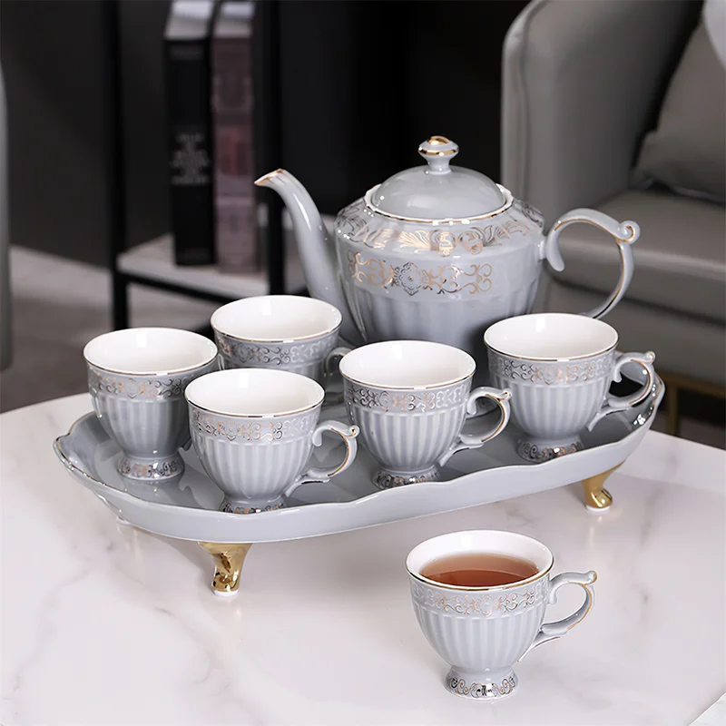 Ceramic Coffee Tea Set Nordic Gold Household Living Room Cold Kettle 1 Pot 6 Cups 1 Tray Teaware Sets High Capacity Coffee Pot