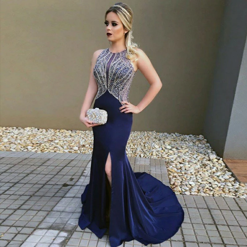

Eightale Evening Dresses 2020 O-Neck Beaded with Rhinestones Backless Blue Side Split Prom Dress for Graduation Party Gowns