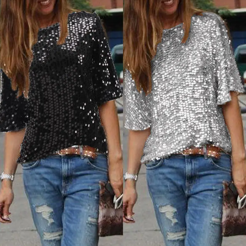 Womens Blouse Half Sleevele Parkle Glitter Solid Loose Crop Tops Summer Sequined Pullover Casule 2019 | Женская одежда