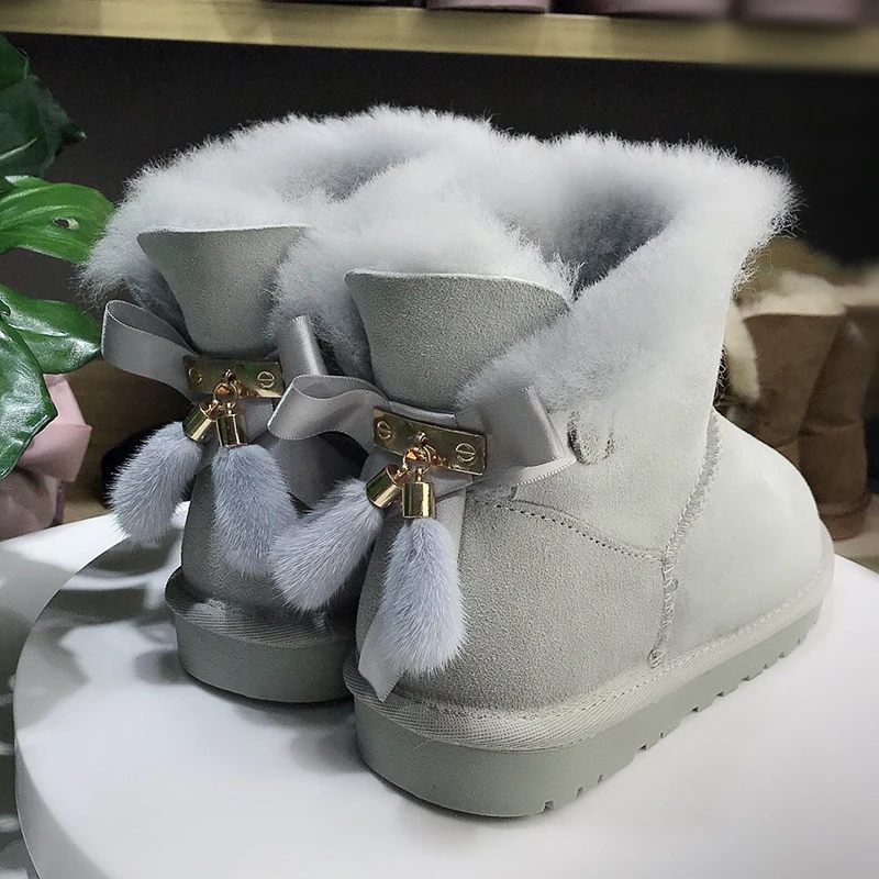 Light Grey Новинка; модные зимние ботинки на натуральном меху; женские зимние ботинки; теплые ботинки из натуральной шерсти; женские ботинки из натуральной овечьей кожи на нескользящей подошве - Цвет: Light Grey