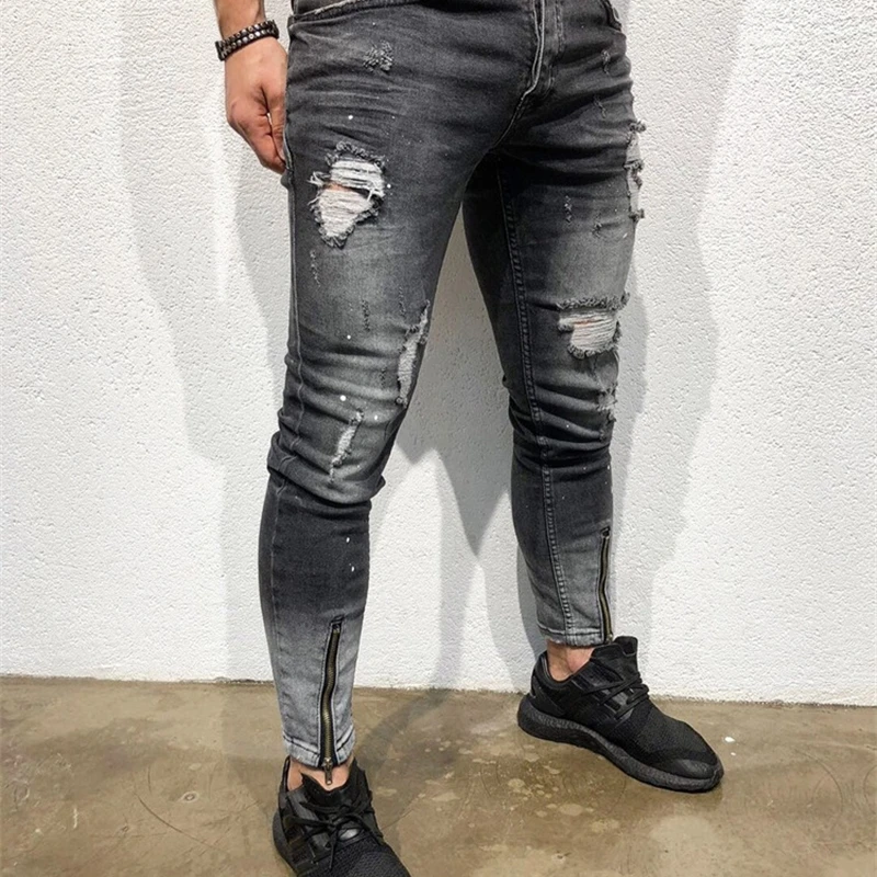 

New men's fashion hole youth foot zipper elastic small foot men's jeans nk52