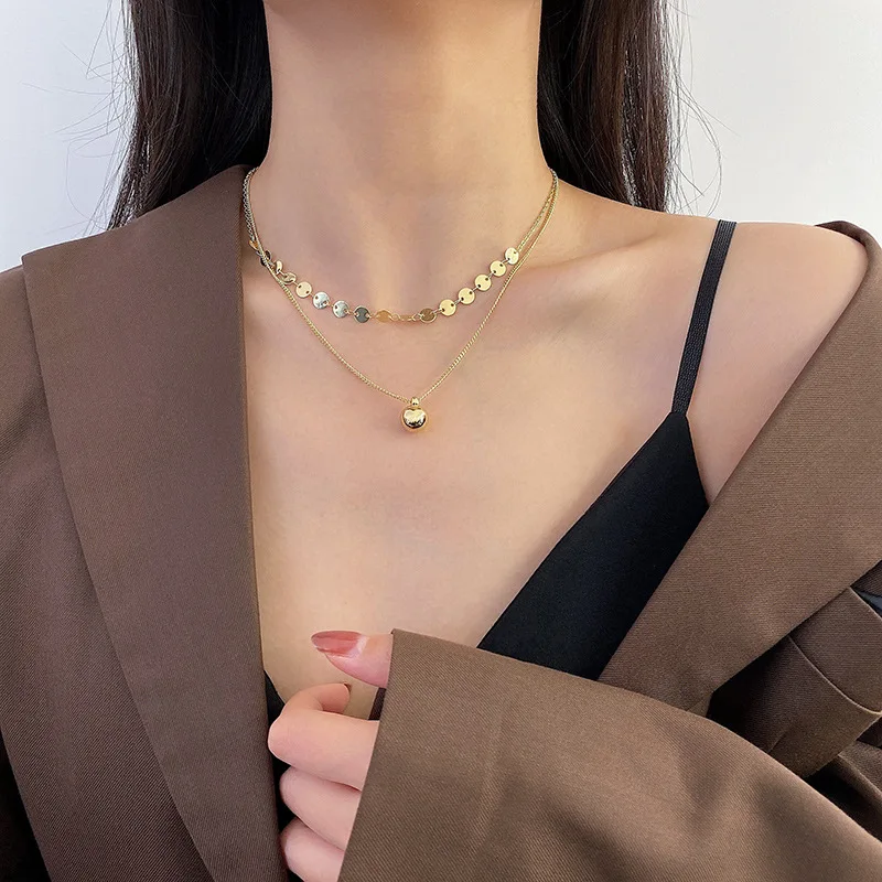 

Double chain necklace female personality round ball pendant light luxury niche clavicle chain jewelry jewelry