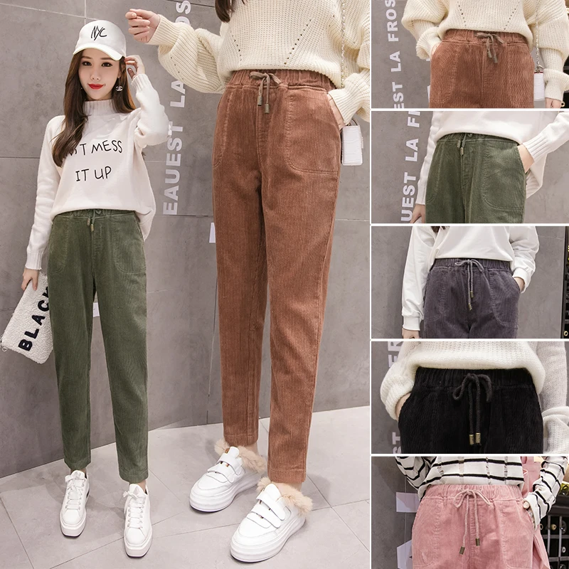 

Women Corduroy Pants 2020 Autumn Winter Vintage Casual Warm Elastic Waist Plus Size Woman Corduroy Trousers Loose Harem Pant 5XL