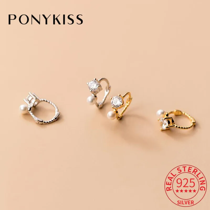 

PONYKISS Romantic 925 Sterling Silver Square Zircon Pearl Huggie Hoop Earrings for Women Anniversary Fine Jewelry chic Accessory