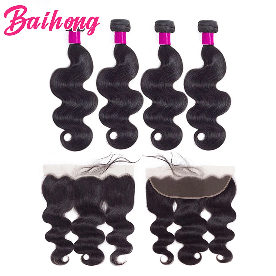 

Human Hair 4 Bundles With Lace Frontal Brazilian Body Wave Hair Extensions Human Hair Weave Bundles With 13x4 Frontal BAIHONG