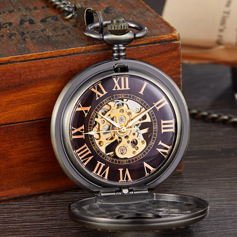 Zodiac Engraved Mechanical Pocket Watch Skeleton Wood Bronze Case Fob Chain Clock for Men Women Collection Reloj Dropshipping