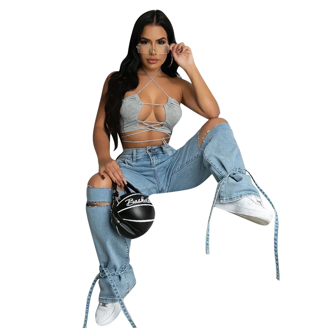 

Ripped Jeans for Women Fashion Wide Leg Pants with Holes Washed Plus Size Casual Loose Denim Hollow Trousers Bell Bottom Jeans