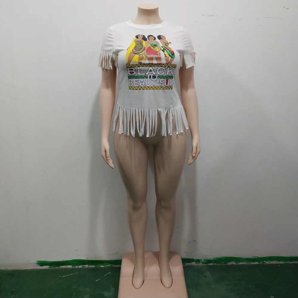 

Plus Size Summer Women T-shirt Fashion Tassel White Tops Printed Letter Shirts Woman Loose Casual Maxi Outfit Streetwear XL-4XL