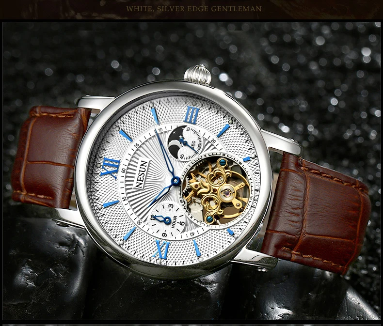Швейцарские часы Nesun Skeleton Tourbillon для мужчин Топ люксовый бренд автоматические механические мужские часы водонепроницаемые relogio N9091-3