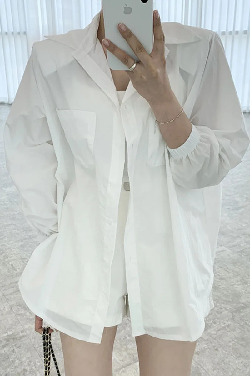 

SuperAen 2021 Summer Turn Down Collar Loose Solid Pocket Cushion Shoulder Sunscreen Full Women Shirts