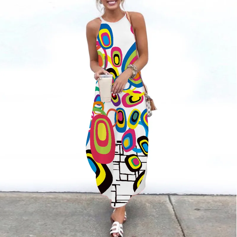 

2021 Women's Summer Casual Dress European and American Fashion Printed Camisole Long Skirt Sexy Dress