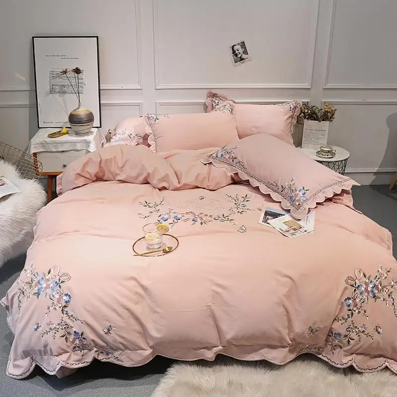 

Embroidery Floral Duvet Cover with Zipper Comforter Cover Bed sheet Pillowcase 100%Cotton Queen King size 4Pcs Bedding sets