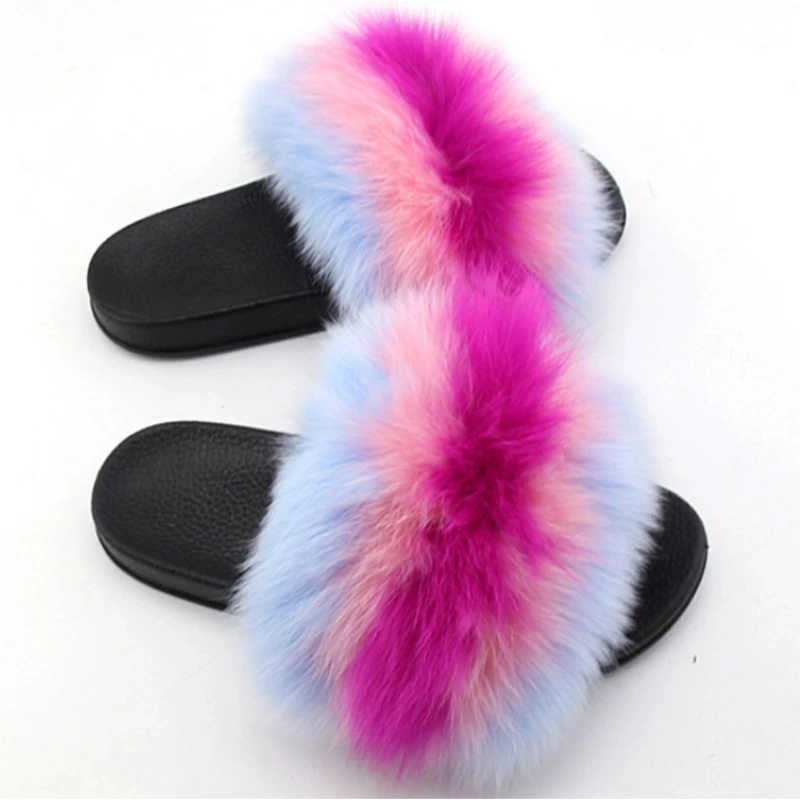 

Fashion Real Raccoon Fur Slides Slippers Summer Flip Flops Casual Vogue Fox Fur Sandals Vogue Plush Shoes