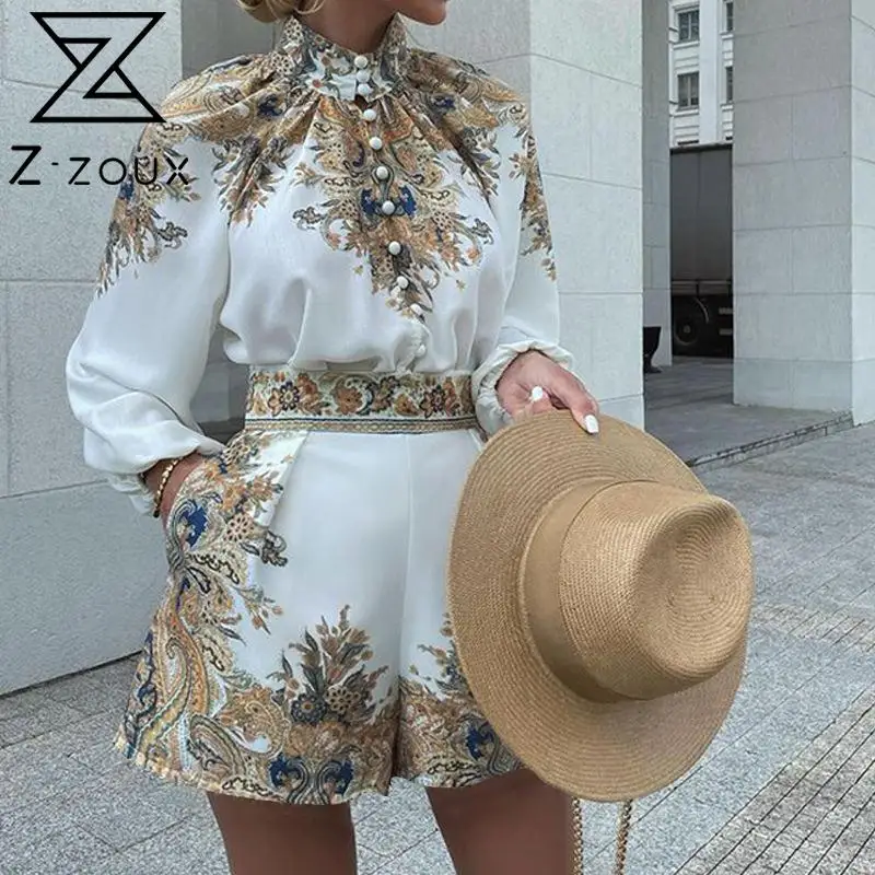 

Женский комплект из двух предметов, однобортная рубашка с винтажным принтом и воротником-стойкой, осень 2021