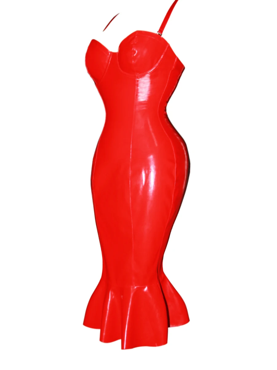 S-6XL размера плюс красный черный ПВХ Мокрый Вид Кожа без Бретелек Рюшами Русалка Bodycon платья женские сексуальные с открытыми плечами Клубные вечерние платья