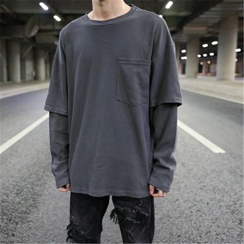 

Oversize Men Cotton Tshirt Tops Tees Long Sleeve Patch Gothic RO High Street Vintage Pake Two T-Shirts Hip Pop Camisetas Hombre