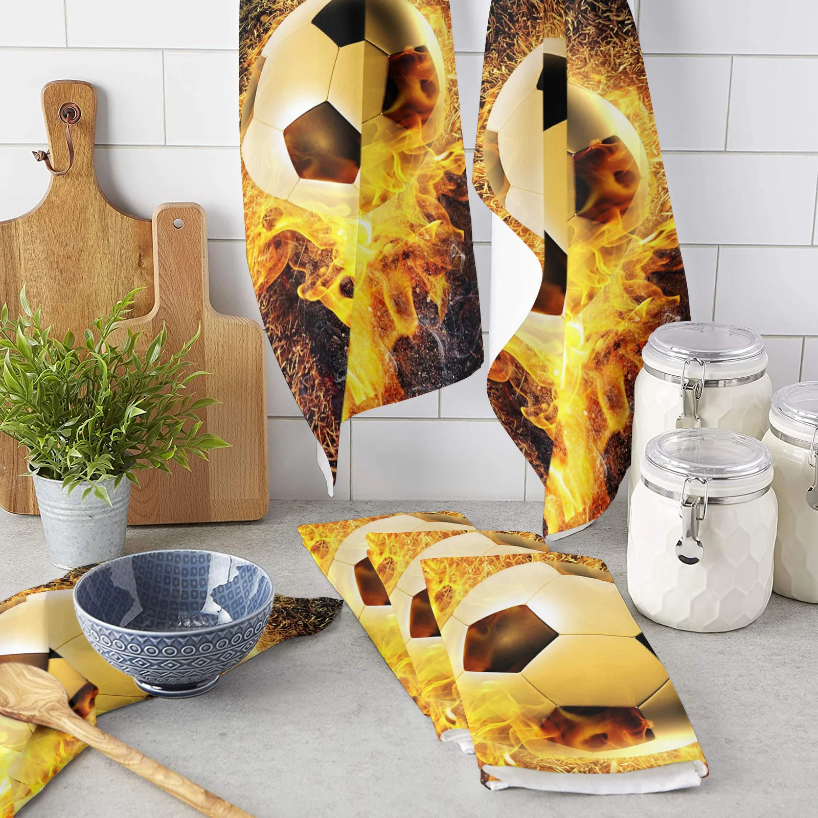 

Football On Fire On The Grass Microfiber Kitchen Hand Towel Dish Cloth Tableware Household Cleaning Towel Utensils for Kitchen