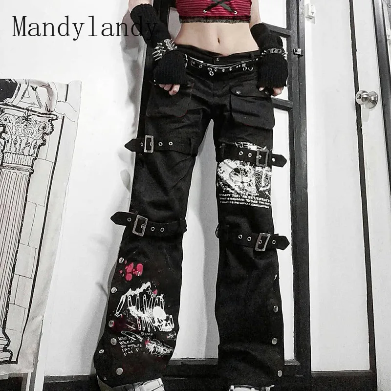 

Mandylandy Punk Cargo Denim Pants For Girls Korean Mid Waist Sweatpants Jeans Gothic Pant Summer Autumn Hip Hop Harajuku Trouser