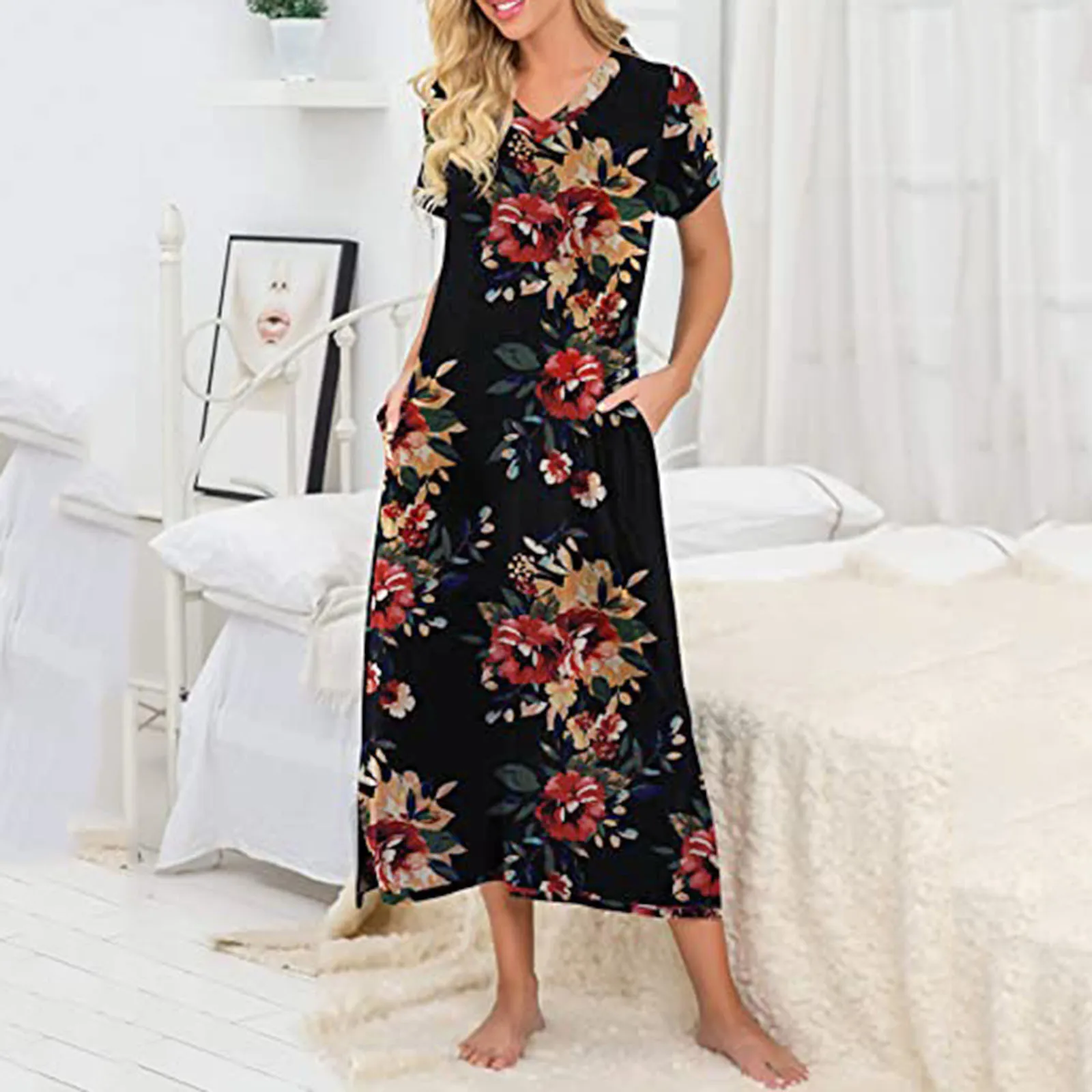 

Floral Slits Long Nightgown Women Loungewear With Pocket Nightdress Soft Short Sleeve Nightshirt V-Neck Comfort Sleepshirt