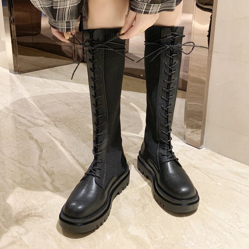 

BLWBYL New Fashion Female Chunky Heels Knee High Boots Square Toe Lace Up Motorcycle Boots Women 2021 Autumn Shoes Woman