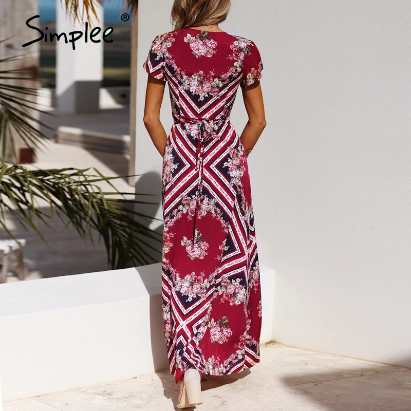 Длинное женское платье с запахом Simplee элегантное макси бохо принтом на лето и