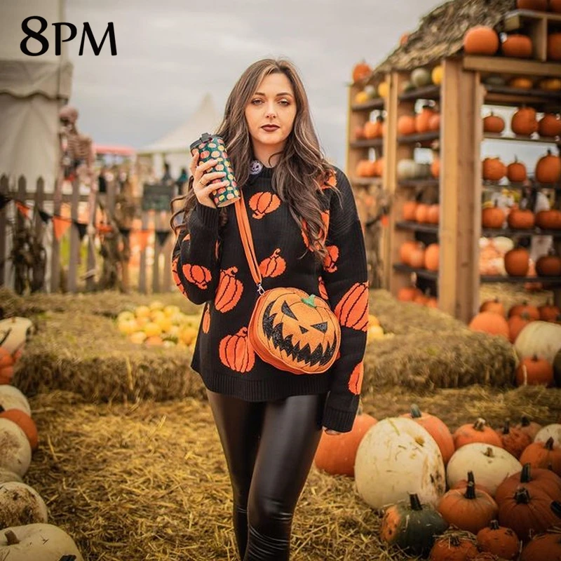 

Women Slouchy Sweaters 2021 New Halloween Pumpkin Long Sleeve Sweatshirts Pullover Warm Casual Loose Holiday Tops ouc1289