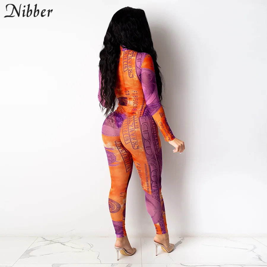 

Nibber See-Through Aesthetic Graphic Bodycon Jumpsuits Women Fall Casual Mesh Streetwear Rompers Female Elastic Active Overalls