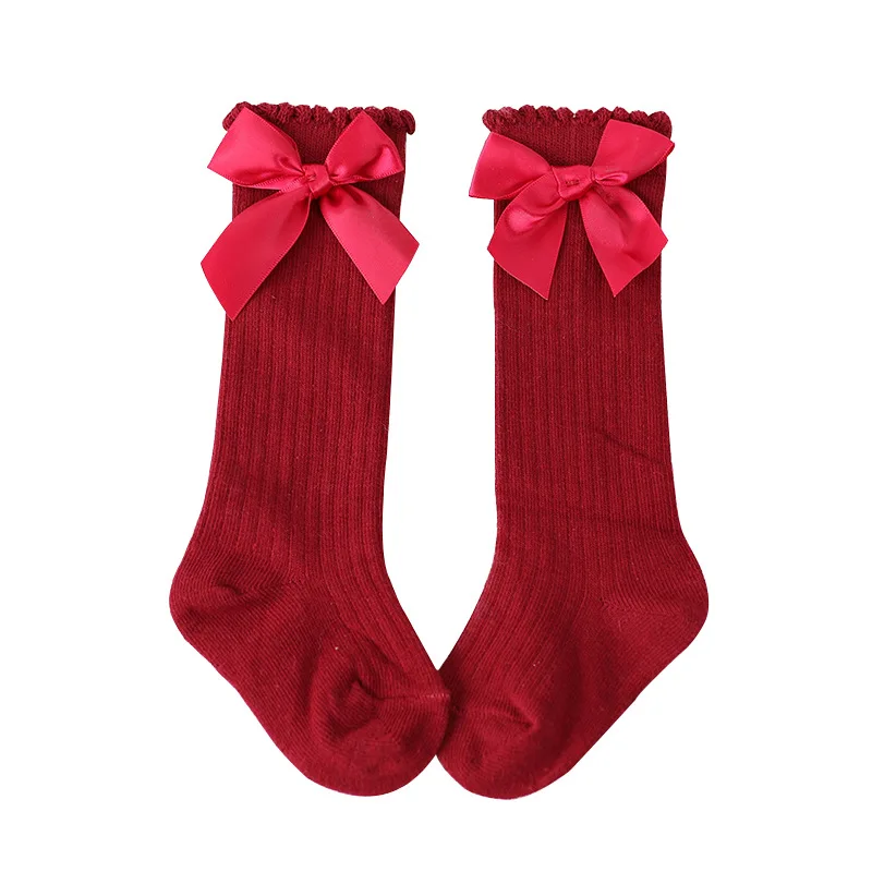 

New Year's Warm Stockings Children's Socks Girls Christmas Newborn Baby Bow Lace Knee High Stripe Cotton Non-slip Socks For Kids